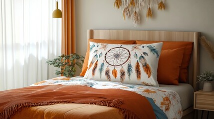 Mockup of a custom pillowcase with a dreamcatcher design placed on a modern bed