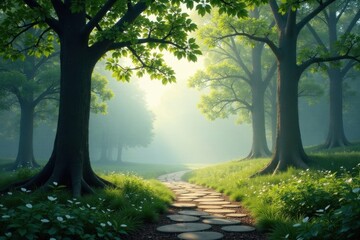 Fototapeta premium Serene Pathway Winding Through a Misty, Sun-Dappled Grove of Lush Trees and Delicate Wildflowers