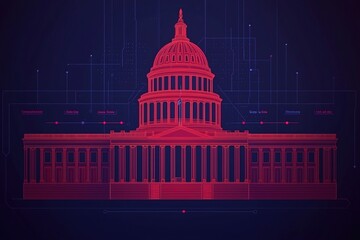 A stylized depiction of a government building, illuminated in red against a dark background, suggesting a modern or digital theme.