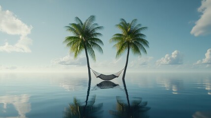 Fototapeta premium Serene Hammock Between Twin Palm Trees Over Calm Ocean