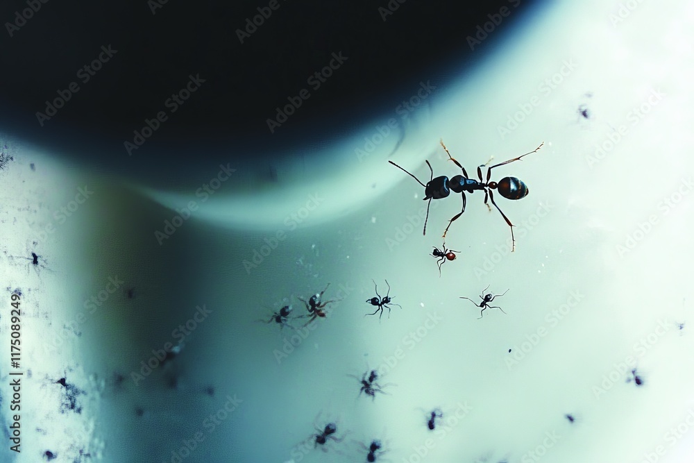 Poster A unique overhead perspective of ants on a transparent surface, offering a glimpse into their coordinated activity and intricate movements against a clean backdrop.