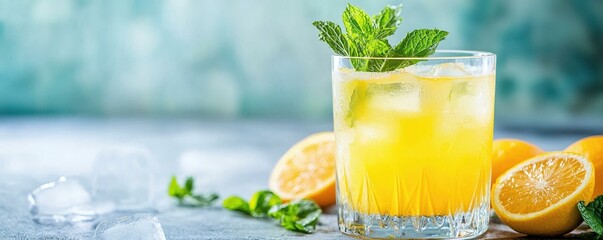 Fototapeta premium Refreshing Citrus Cocktail with Ice and Mint Leaves in a Clear Glass on a Light Background