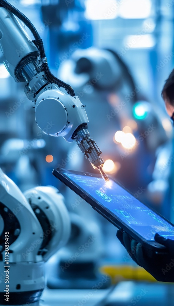 Poster engineer manager monitoring automation robots in intelligent factory with real time systems
