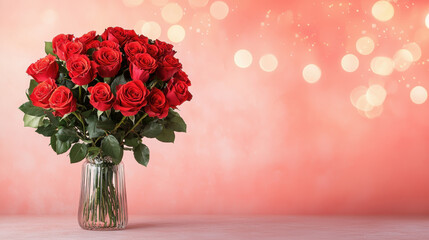 Fototapeta premium bouquet of vibrant red roses in elegant glass vase, set against soft pink background with bokeh lights, creating romantic and cheerful atmosphere
