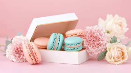 Artisanal macarons in white box surrounded by pink and white flowers create delightful and elegant display. Perfect for celebrations or as sweet gift
