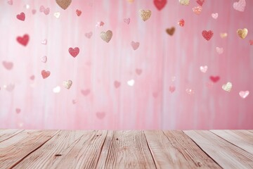 Decorative hearts in shades of pink hang above a rustic wooden surface during a festive celebration