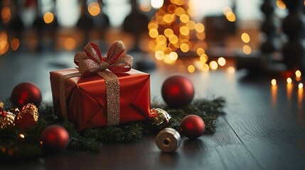 Christmas gift, red ribbon, ornaments, festive lights, home decor, holiday card