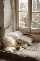 Cozy window seat, tea, fluffy pillows, blanket.