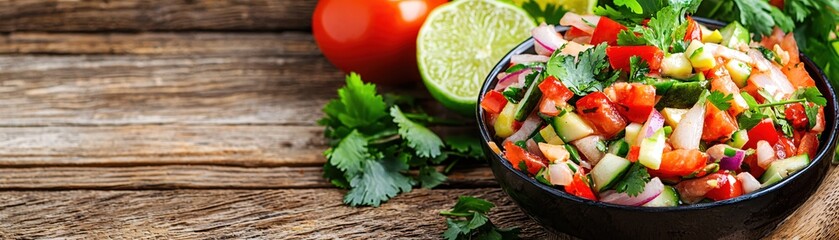 Fresh Colorful Salsa with Vegetables and Herbs on Rustic Wooden Table