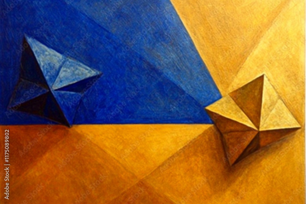 Poster this artwork features two distinct pyramidal forms in contrasting colors, highlighted by geometric b