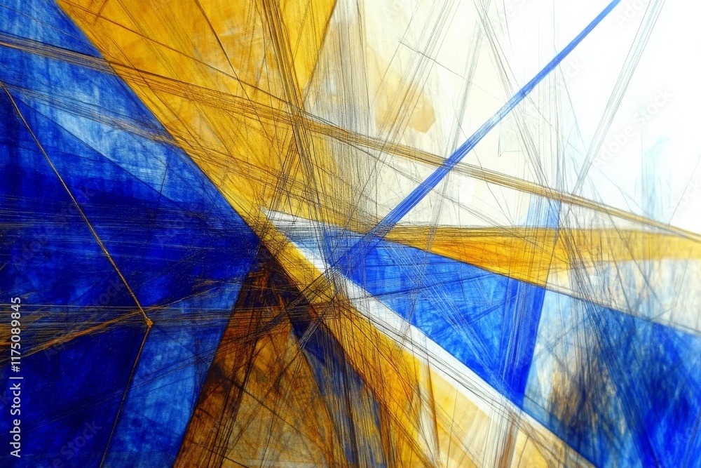 Fototapete The artwork features a dramatic interplay of blue and orange shapes and lines, creating a captivating composition that conveys depth and complexity through its abstract design.