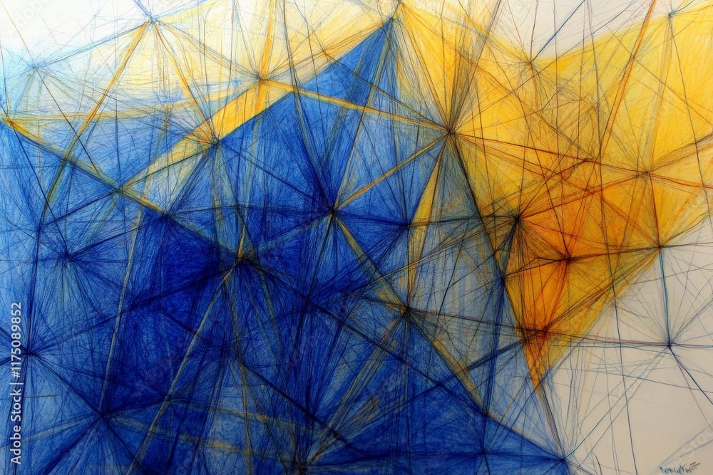 Poster this intricate design showcases a web of geometric shapes in blue and yellow, intertwined with lines