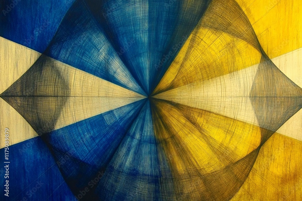 Leinwandbilder this captivating geometric pattern, primarily in blue and yellow, showcases a unique interplay betwe