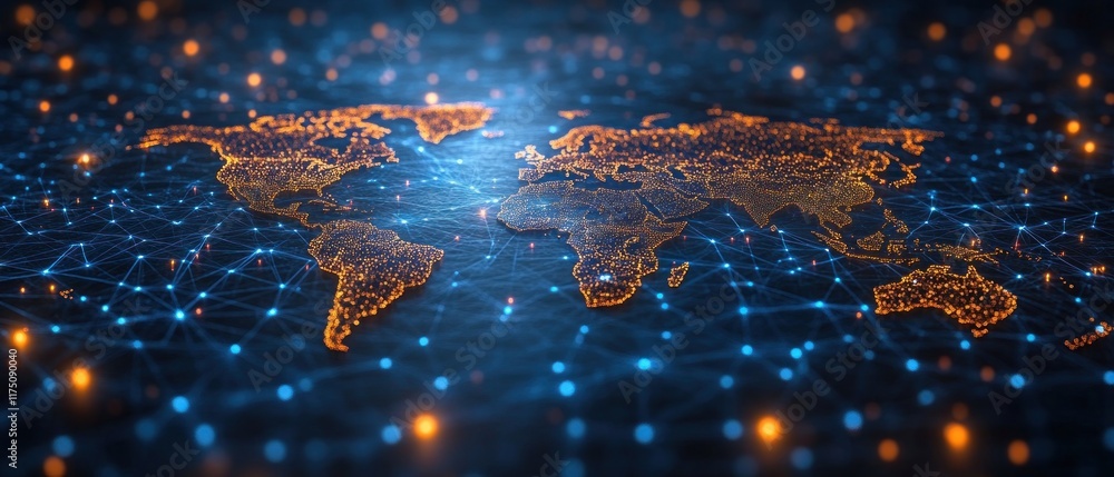 Poster a digital world map with glowing connections, representing global networking and technology.