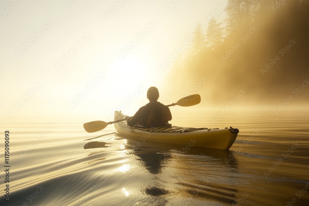 Poster A single kayaker glides through misty waters at dawn, creating an enchanting scene filled with soft light and tranquility, embodying the beauty of nature's quiet moments.