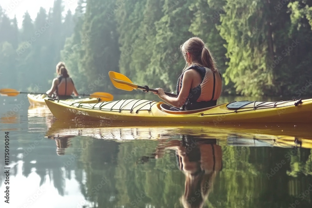 Aufkleber two kayakers navigate a tranquil waterway surrounded by lush greenery, capturing a moment of peace a