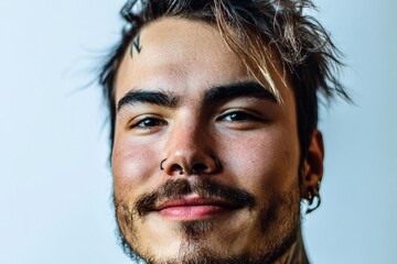 Obraz premium A stylish man with facial piercings and tattoos exudes confidence and individuality, showcasing contemporary fashion and self-expression in this striking portrait.
