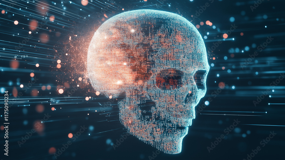 Poster digital skull in the matrix: a captivating, futuristic depiction of a skull rendered in a mesmerizin