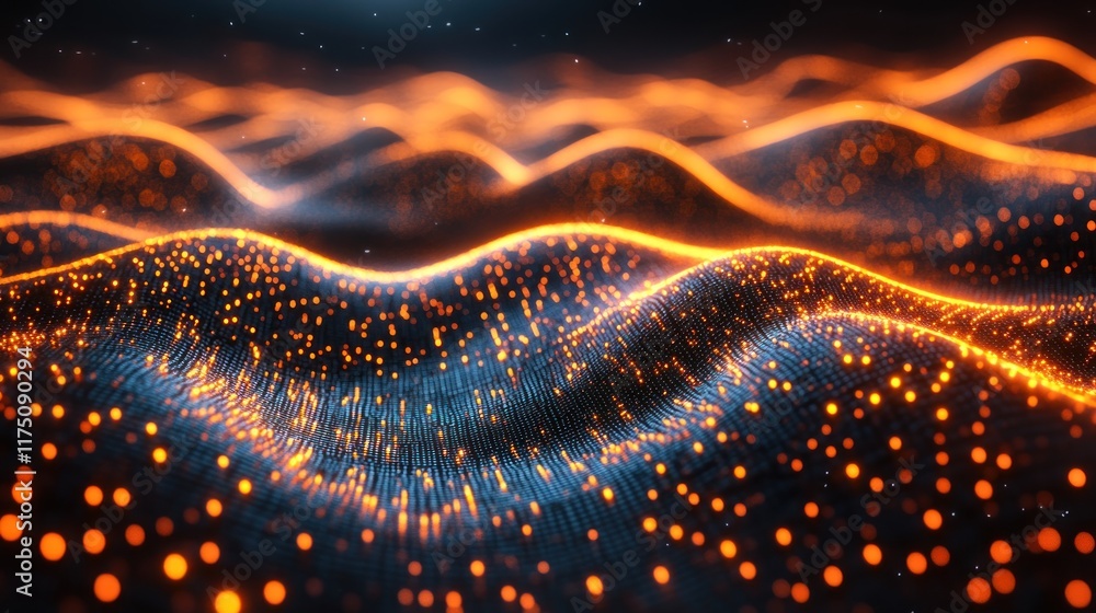 Poster abstract representation of waves with glowing particles, suggesting energy and motion.