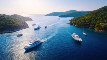 Aerial view of luxury yachts gliding across the shimmering blue waters of the ocean, creating a serene and picturesque summer scene