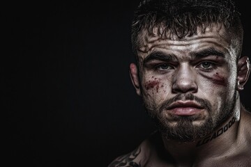 Obraz premium An emotional close-up of a rugged fighter, showcasing battle scars and intensity, reflecting the spirit of a warrior ready to confront challenges head-on.
