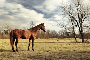 A stunning chestnut horse stands proudly under the bare branches of a tree, framed by a beautiful landscape, symbolizing strength and peace in nature's embrace.