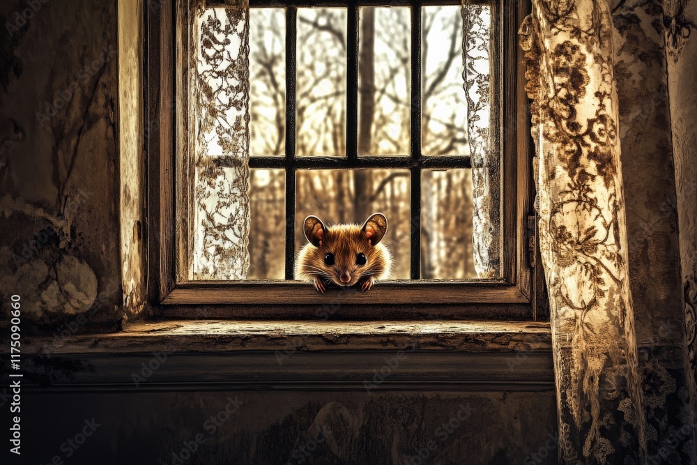 Poster this delightful image shows a curious mouse peering out of a sunlit window adorned with lace curtain