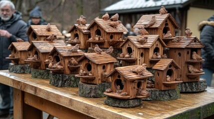 A display of wooden birdhouses with decorative birds, showcasing craftsmanship and nature.