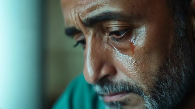 Close Up of Tearful Mans Emotional Reflection on Past Mistakes in Soft Light