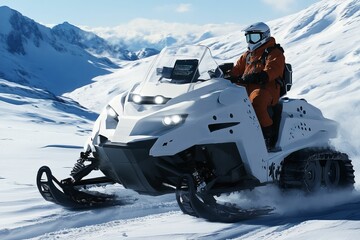 Person snowmobiling across snowy mountain range.