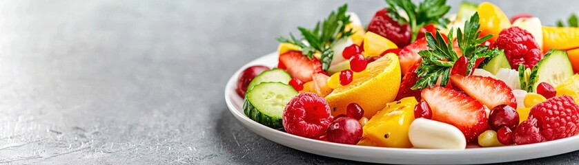 Fresh and Colorful Fruit Salad with Strawberries, Raspberries, Citrus, and Greens on Gray Surface