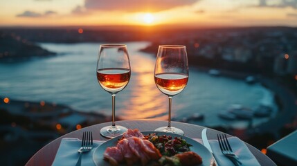 Romantic dinner with wine and a breathtaking ocean cityscape at sunset