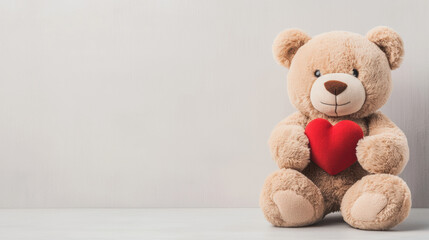 Obraz premium plush teddy bear holding red heart, symbolizing love and affection. This soft stuffed animal is perfect for gifts and decorations, evoking warmth and comfort