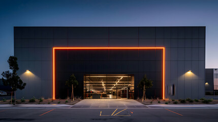 A front view of a grey warehouse at night, illuminated with neon lights and a modern vibe