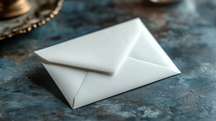 A pristine white envelope on a textured blue surface waiting to deliver its secret message with anticipation