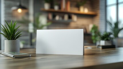 Blank Card Mockup on Wooden Desk with Plant and Bookshelf Background for Design Presentations or Personalization