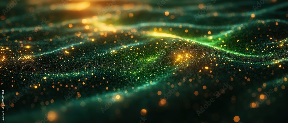 Poster a mesmerizing abstract representation of glowing waves and particles in a cosmic setting.