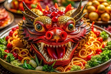 Fototapeta premium Red Gold Dragon Face Festive Food Photography, Chinese New Year Delicious Dish