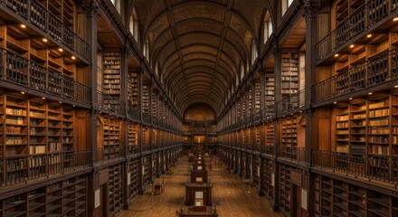 Ancient library, grand arched ceiling, long corridor, rows of bookshelves, wooden desks, warm lighting, historical ambiance, ornate architecture, symmetrical composition, sepia tones, knowledge reposi