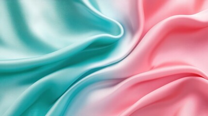 Obraz premium Blue-green satin silk with gradient pink and wavy folds, creating a shiny, elegant fabric background with ample space for creative design