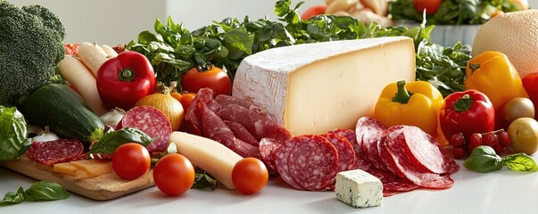 Fresh and Colorful Assortment of Vegetables, Cheese, and Charcuterie on a Bright Kitchen Surface