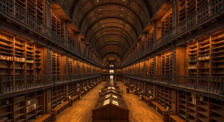 Fototapeta premium Ancient library, grand arched ceiling, long corridor, rows of bookshelves, wooden desks, warm lighting, historical ambiance, ornate architecture, symmetrical composition, sepia tones, knowledge reposi