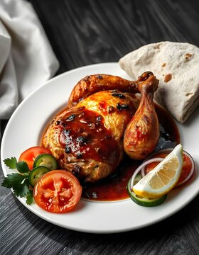 full grilled chicken with gravy, with rumali bread , on a white plate, with tomato, onion, cucumber, one piece sliced lemon (3)
