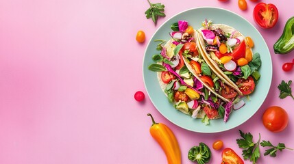 Fresh Colorful Salad with Vegetables and Tacos on Pink Background