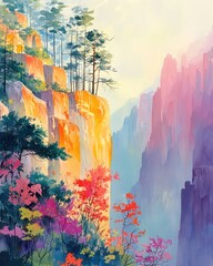 Watercolor painting of a vibrant mountain landscape Ideal for home decor prints or nature-themed projects