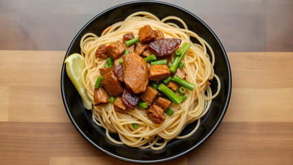 Chinese noodles with meat on a black plate, top view, Generative AI