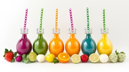 Colorful Fruit and Vegetable Smoothies in Glass Bottles