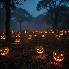 Field of Glowing Pumpkins on Halloween