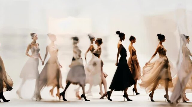 Elegant Models on Fashion Runway Showcasing Dynamic Abstract Designs and Fashion Trends