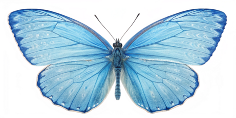 A realistic close-up view of the delicate wings of a vibrant blue butterfly, showcasing intricate patterns and shades of electric blue, isolated against a pure white background. 
